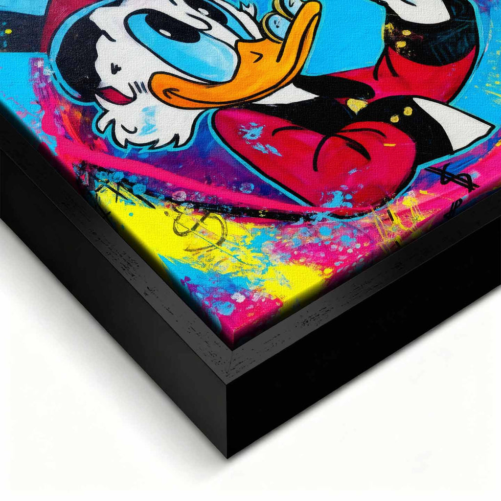 Obraz na płótnie Blue Duck z komiksową kaczą postacią, monetami i kolorowym tłem w stylu pop-art, nowoczesny wydruk galeryjny.