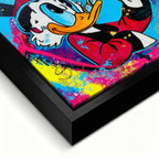 Obraz na płótnie Blue Duck z komiksową kaczą postacią, monetami i kolorowym tłem w stylu pop-art, nowoczesny wydruk galeryjny.