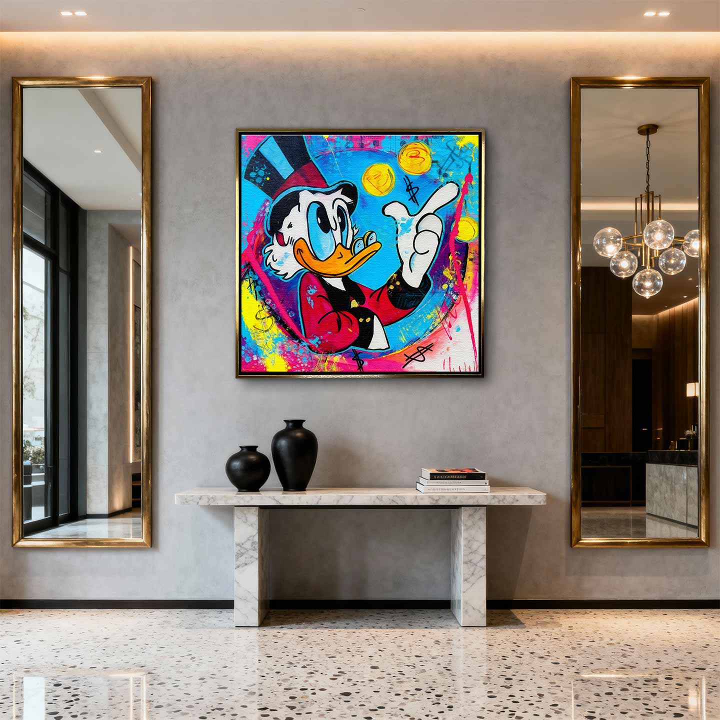 Obraz na płótnie Blue Duck z komiksową kaczą postacią, monetami i kolorowym tłem w stylu pop-art, nowoczesny wydruk galeryjny.