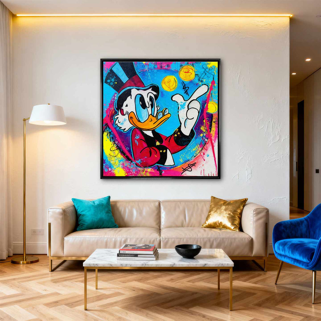 Obraz na płótnie Blue Duck z komiksową kaczą postacią, monetami i kolorowym tłem w stylu pop-art, nowoczesny wydruk galeryjny.