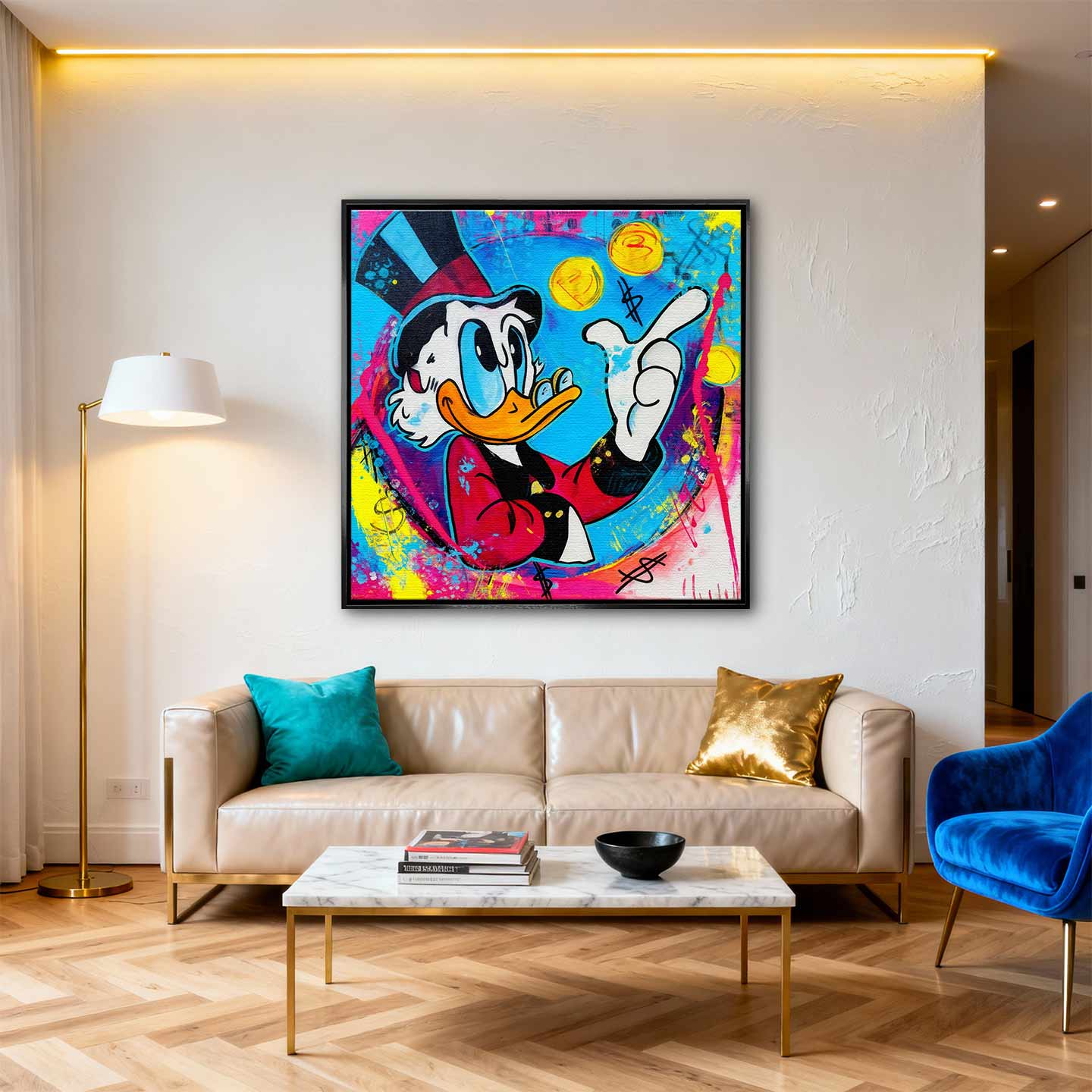 Obraz na płótnie Blue Duck z komiksową kaczą postacią, monetami i kolorowym tłem w stylu pop-art, nowoczesny wydruk galeryjny.