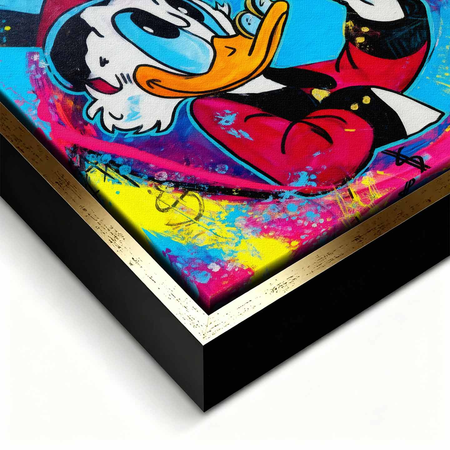 Obraz na płótnie Blue Duck przedstawiający Sknerusa McKwacza w pop-artowym stylu na tle intensywnie niebieskich i różowych barw, symbolizujący bogactwo i sukces.