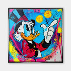 Obraz na płótnie Blue Duck z komiksową kaczą postacią, monetami i kolorowym tłem w stylu pop-art, nowoczesny wydruk galeryjny.