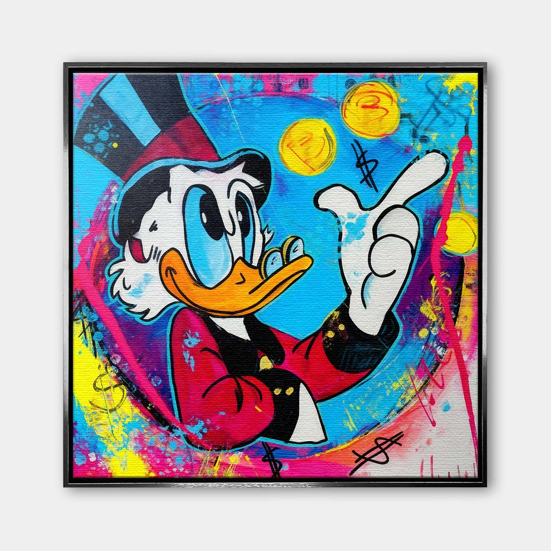 Obraz na płótnie Blue Duck z komiksową kaczą postacią, monetami i kolorowym tłem w stylu pop-art, nowoczesny wydruk galeryjny.