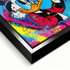 Obraz na płótnie Blue Duck z komiksową kaczą postacią, monetami i kolorowym tłem w stylu pop-art, nowoczesny wydruk galeryjny.