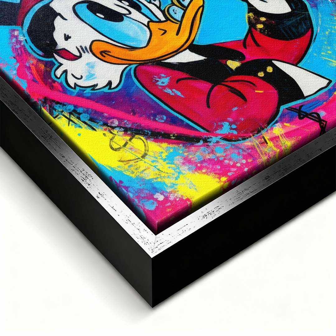 Obraz na płótnie Blue Duck z komiksową kaczą postacią, monetami i kolorowym tłem w stylu pop-art, nowoczesny wydruk galeryjny.