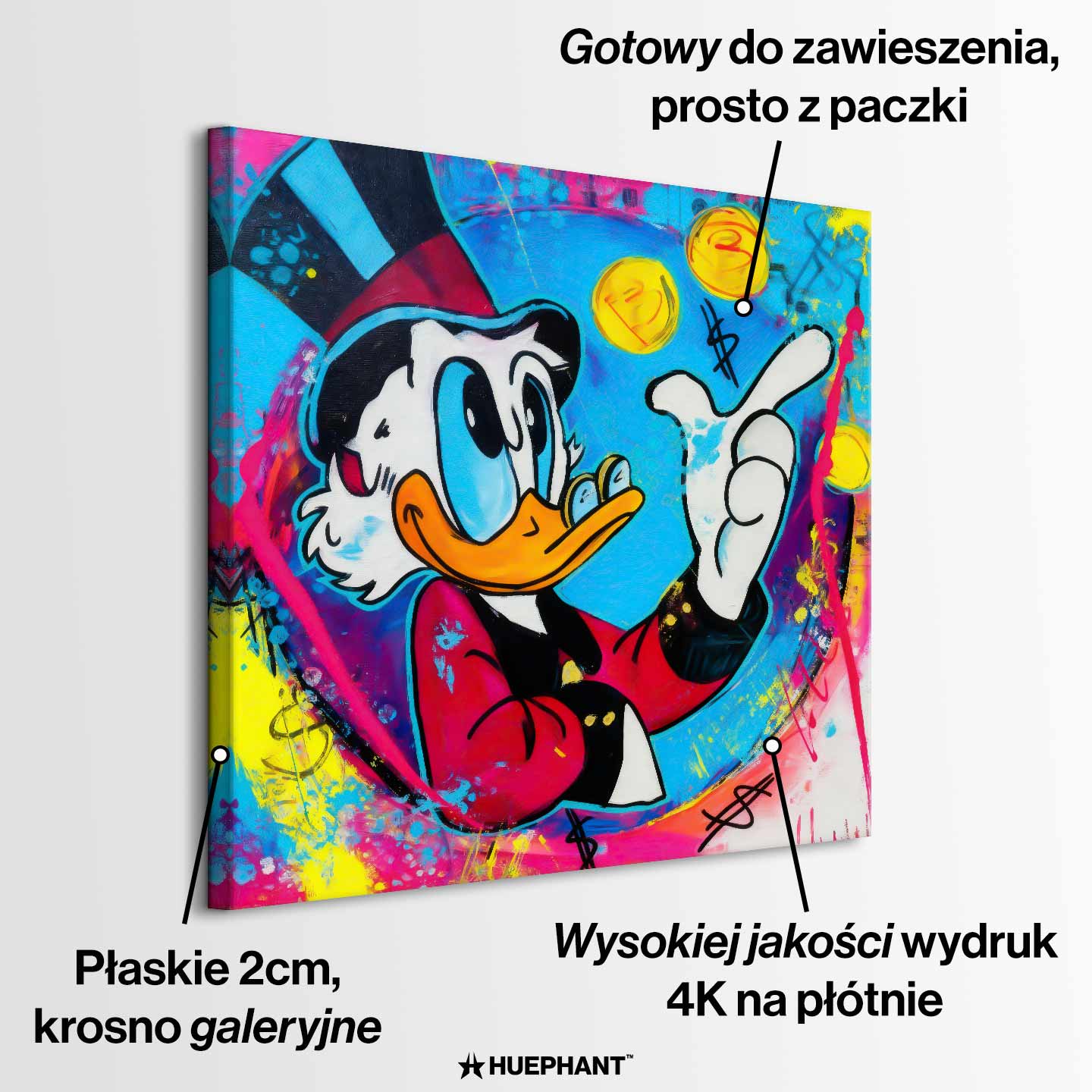 Obraz na płótnie Blue Duck z komiksową kaczą postacią, monetami i kolorowym tłem w stylu pop-art, nowoczesny wydruk galeryjny.