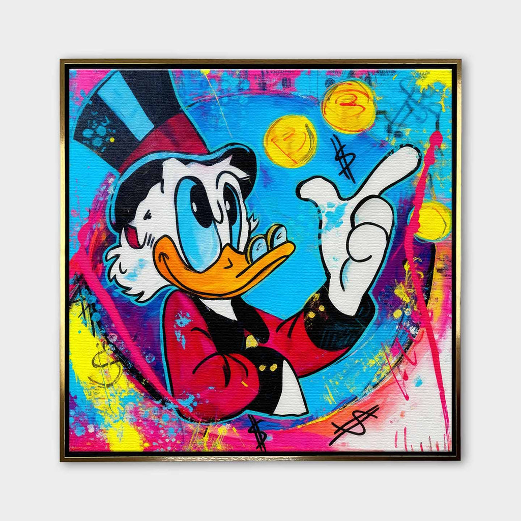 Obraz na płótnie Blue Duck z komiksową kaczą postacią, monetami i kolorowym tłem w stylu pop-art, nowoczesny wydruk galeryjny.