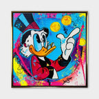 Obraz na płótnie Blue Duck z komiksową kaczą postacią, monetami i kolorowym tłem w stylu pop-art, nowoczesny wydruk galeryjny.