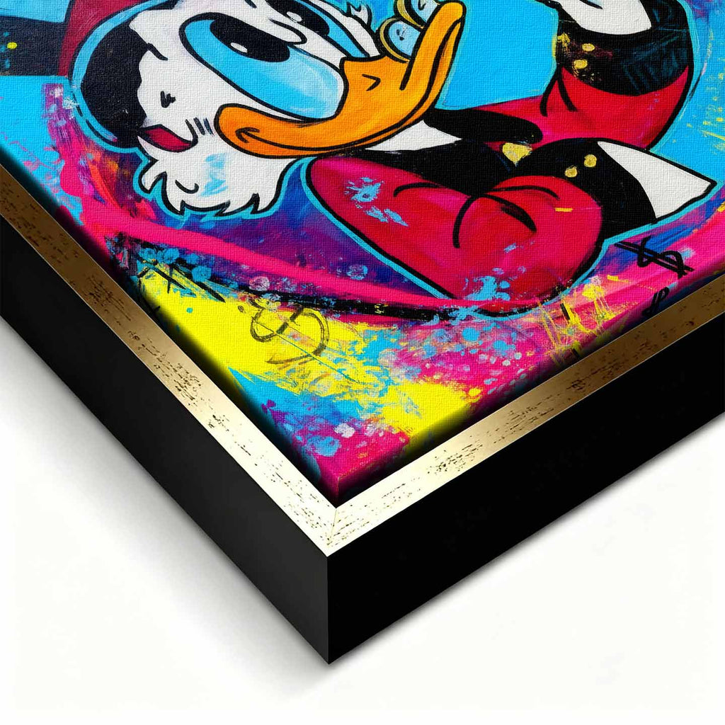 Obraz na płótnie Blue Duck z komiksową kaczą postacią, monetami i kolorowym tłem w stylu pop-art, nowoczesny wydruk galeryjny.