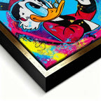 Obraz na płótnie Blue Duck z komiksową kaczą postacią, monetami i kolorowym tłem w stylu pop-art, nowoczesny wydruk galeryjny.