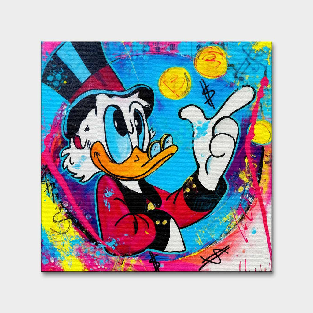 Obraz na płótnie Blue Duck z komiksową kaczą postacią, monetami i kolorowym tłem w stylu pop-art, nowoczesny wydruk galeryjny.