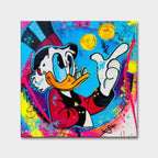 Obraz na płótnie Blue Duck z komiksową kaczą postacią, monetami i kolorowym tłem w stylu pop-art, nowoczesny wydruk galeryjny.