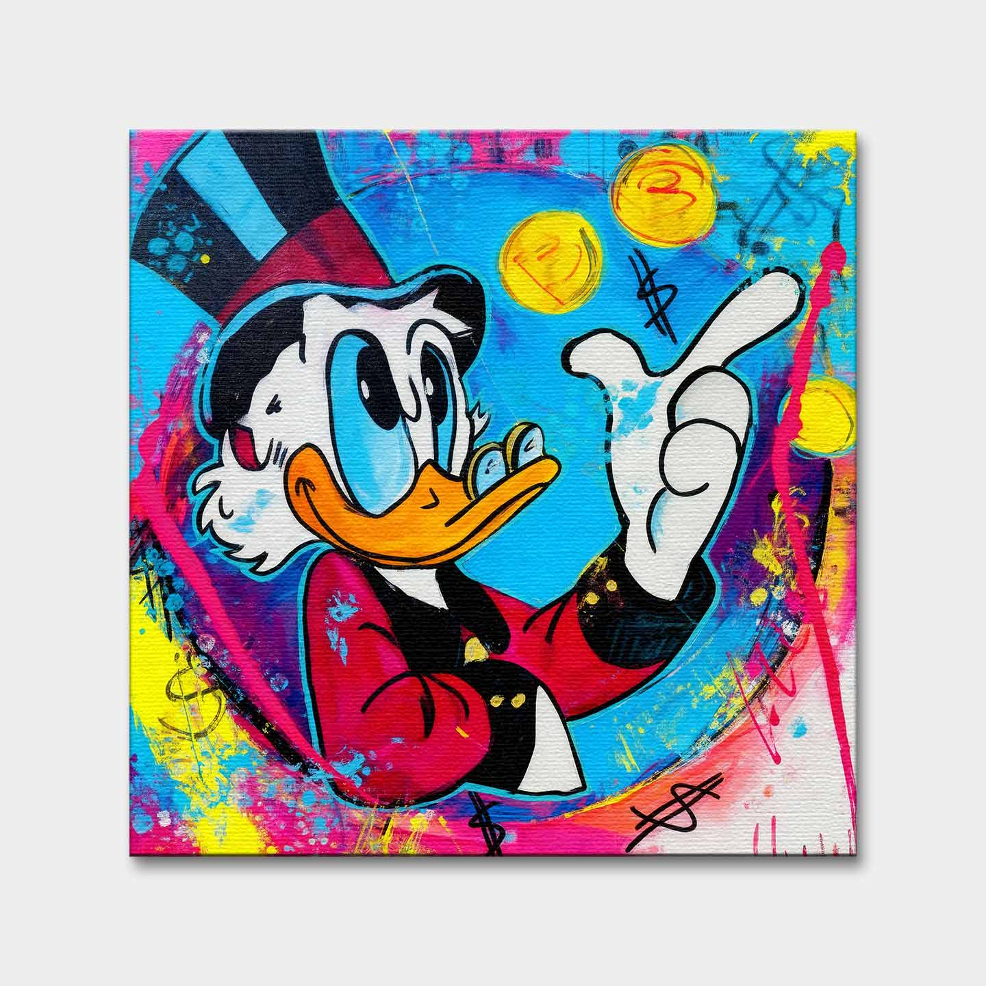Obraz na płótnie Blue Duck z komiksową kaczą postacią, monetami i kolorowym tłem w stylu pop-art, nowoczesny wydruk galeryjny.