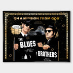Obraz na płótnie Blues Brothers – pop-art inspirowany kultowym filmem, czarno-złota estetyka, unikalny design do nowoczesnych wnętrz.