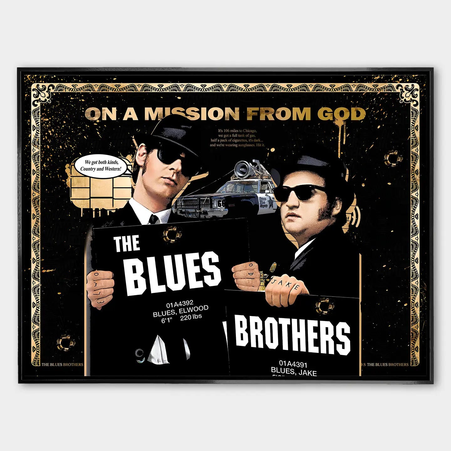 Obraz na płótnie Blues Brothers – pop-art inspirowany kultowym filmem, czarno-złota estetyka, unikalny design do nowoczesnych wnętrz.
