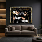 Obraz na płótnie Blues Brothers – pop-art inspirowany kultowym filmem, czarno-złota estetyka, unikalny design do nowoczesnych wnętrz.