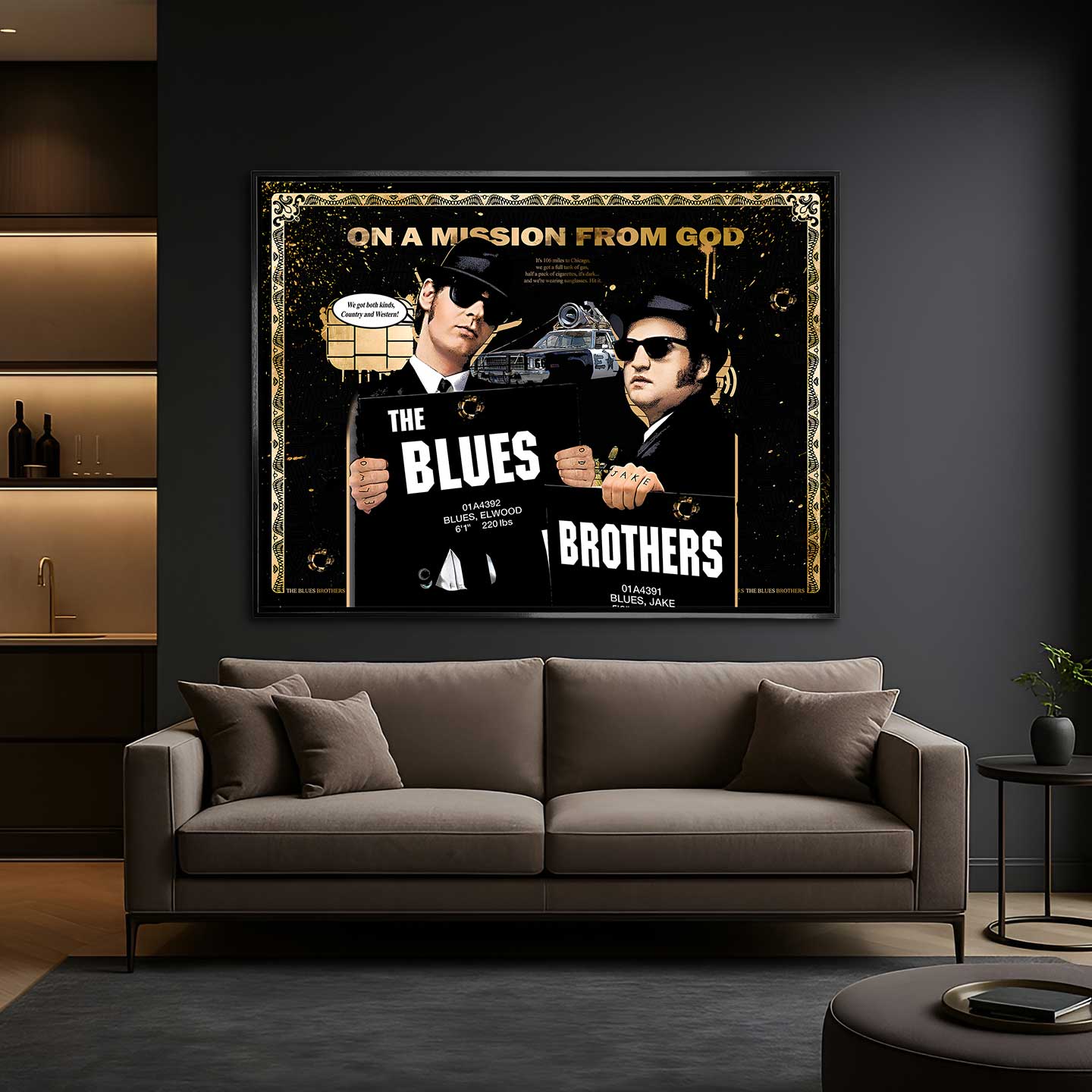 Obraz na płótnie Blues Brothers – pop-art inspirowany kultowym filmem, czarno-złota estetyka, unikalny design do nowoczesnych wnętrz.