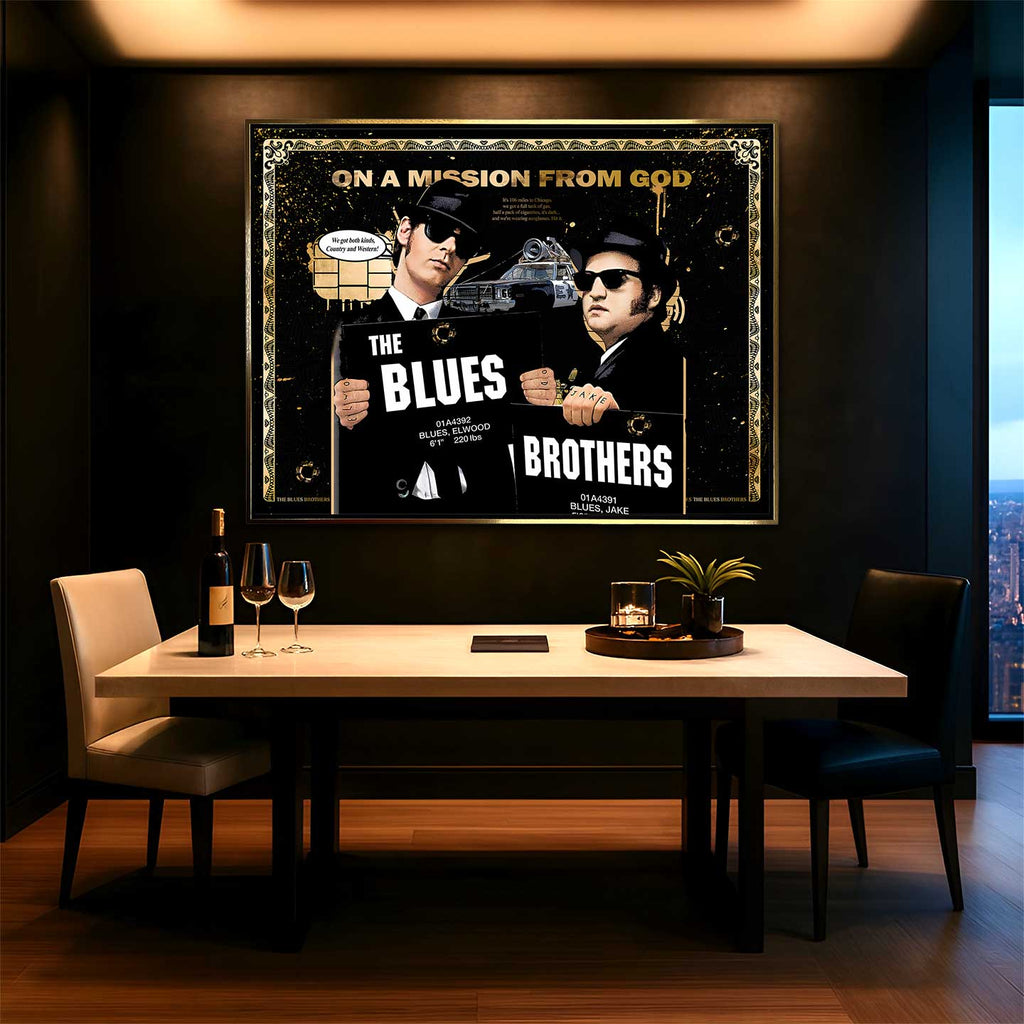 Obraz na płótnie Blues Brothers – pop-art inspirowany kultowym filmem, czarno-złota estetyka, unikalny design do nowoczesnych wnętrz.