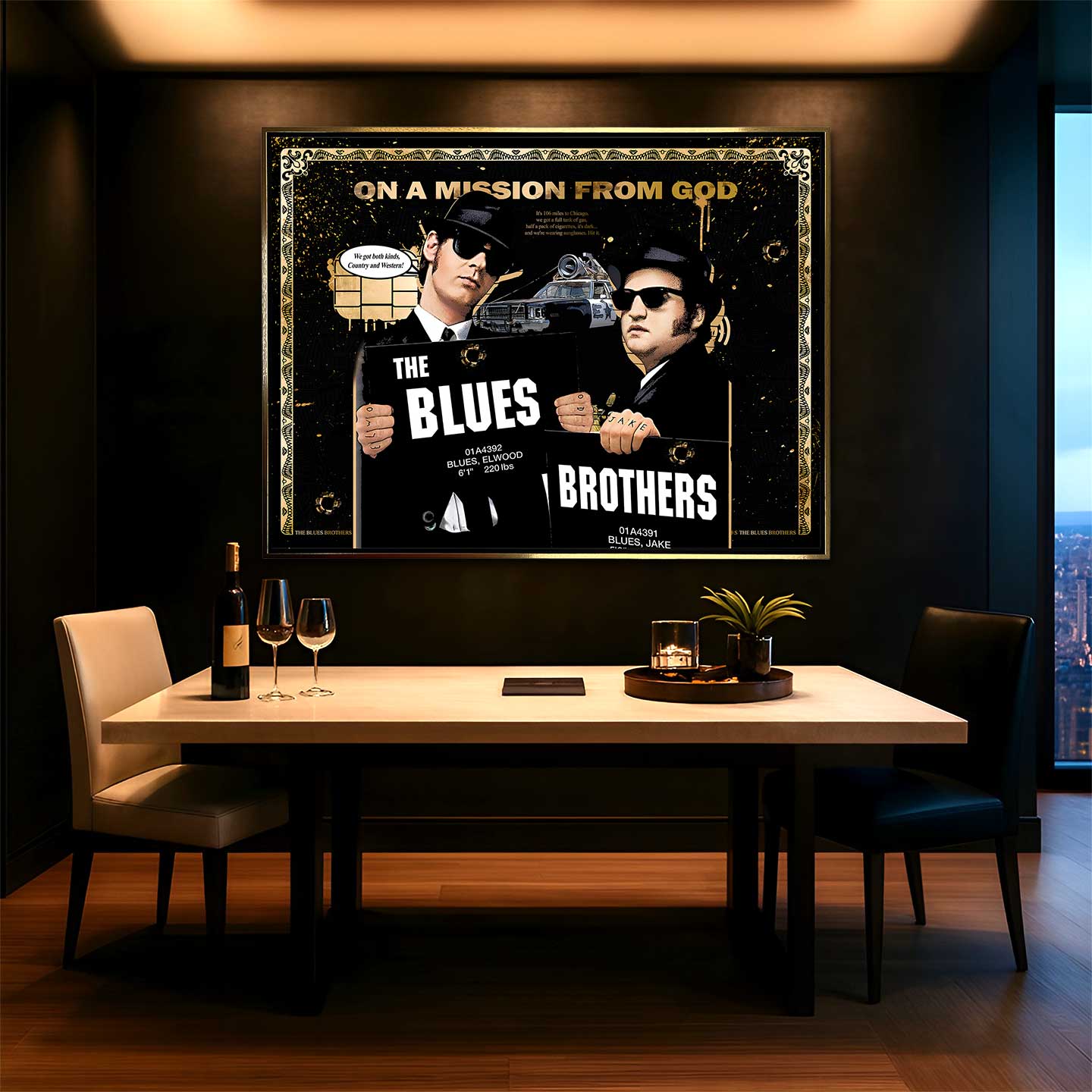 Obraz na płótnie Blues Brothers – pop-art inspirowany kultowym filmem, czarno-złota estetyka, unikalny design do nowoczesnych wnętrz.