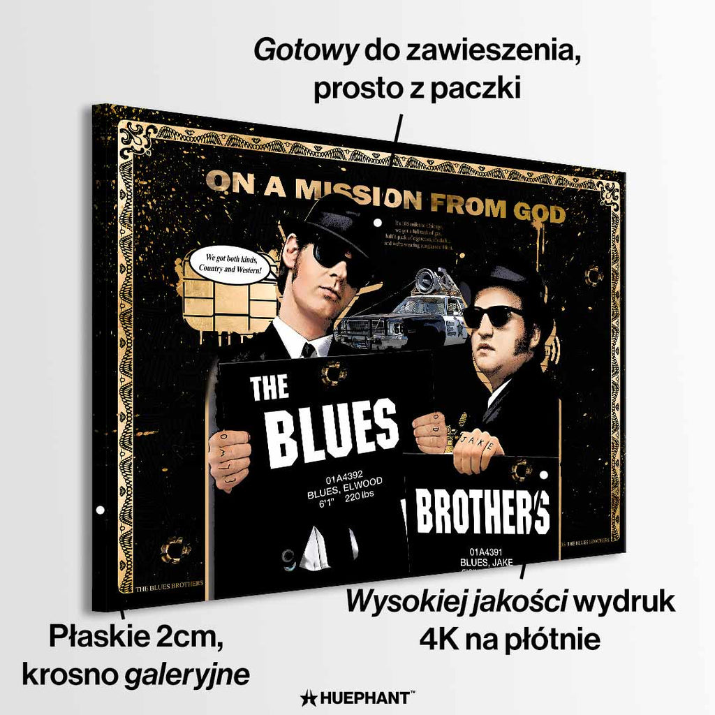 Obraz na płótnie Blues Brothers – pop-art inspirowany kultowym filmem, czarno-złota estetyka, unikalny design do nowoczesnych wnętrz.