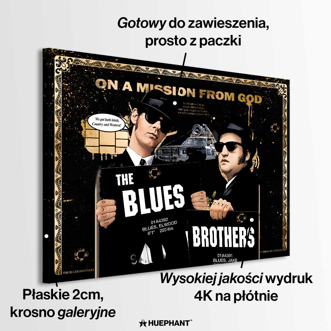 Obraz na płótnie Blues Brothers – pop-art inspirowany kultowym filmem, czarno-złota estetyka, unikalny design do nowoczesnych wnętrz.