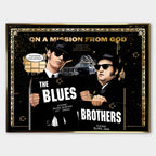 Obraz na płótnie Blues Brothers – pop-art inspirowany kultowym filmem, czarno-złota estetyka, unikalny design do nowoczesnych wnętrz.