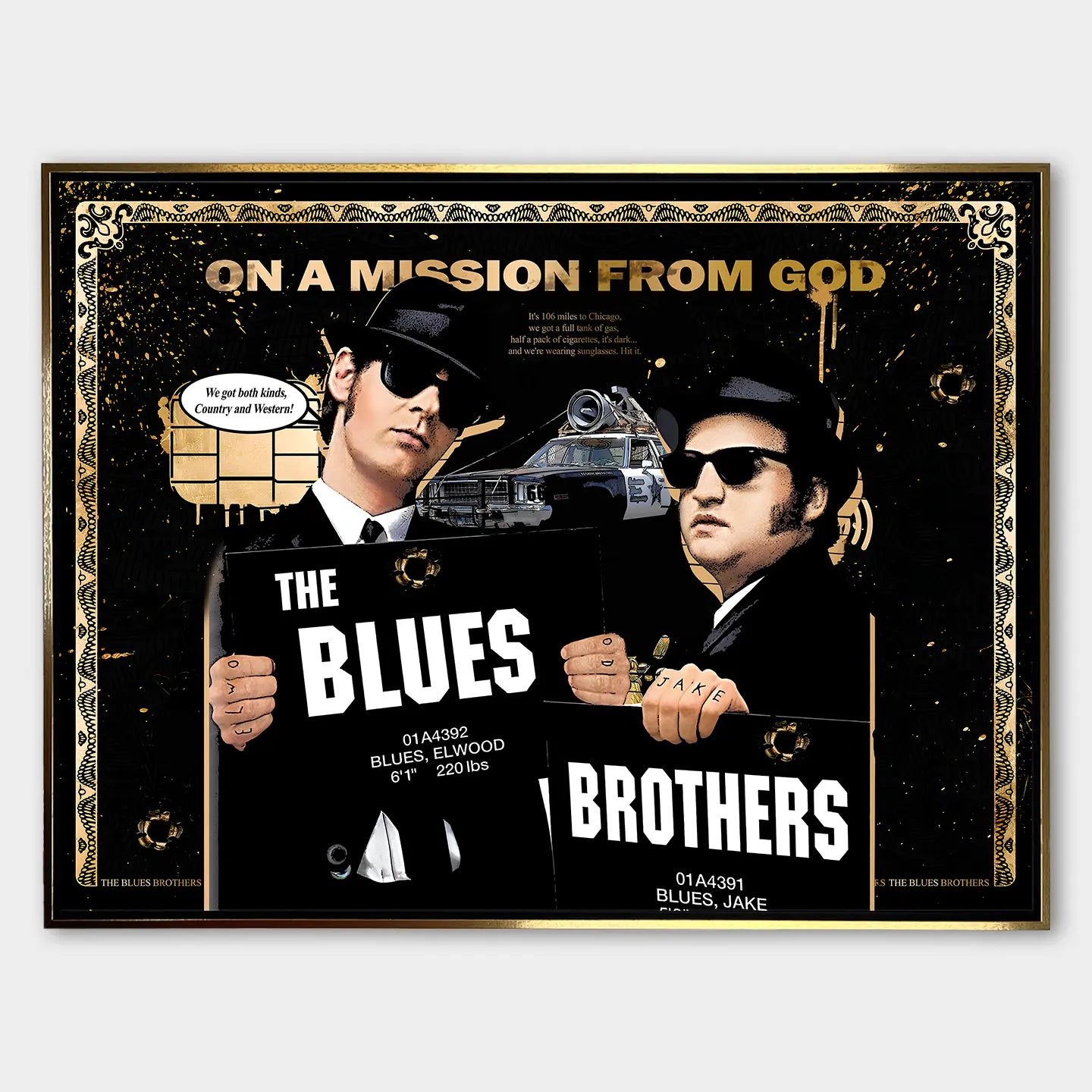 Obraz na płótnie Blues Brothers – pop-art inspirowany kultowym filmem, czarno-złota estetyka, unikalny design do nowoczesnych wnętrz.