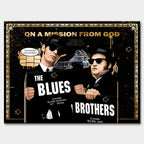 Obraz na płótnie Blues Brothers – pop-art inspirowany kultowym filmem, czarno-złota estetyka, unikalny design do nowoczesnych wnętrz.