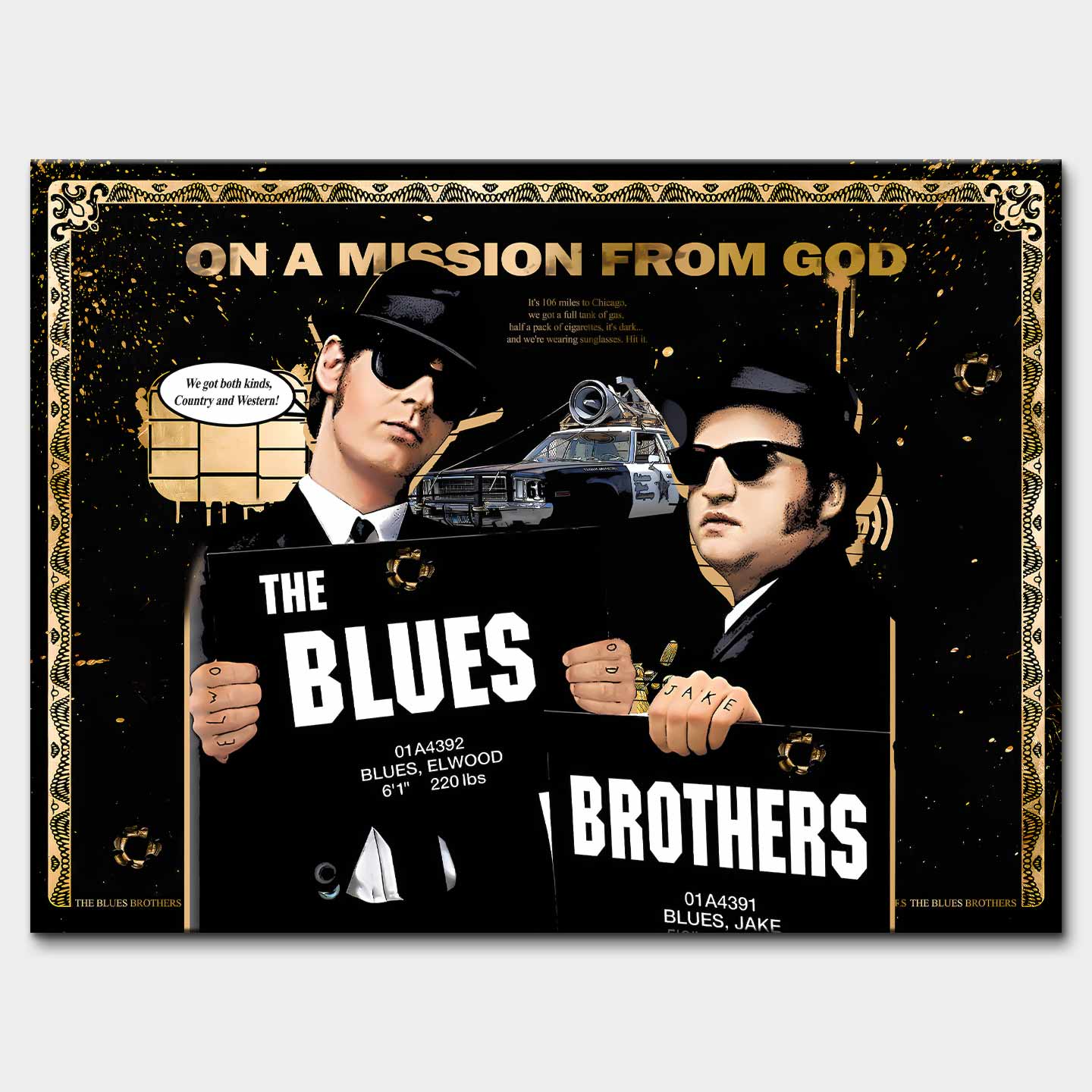 Obraz na płótnie Blues Brothers – pop-art inspirowany kultowym filmem, czarno-złota estetyka, unikalny design do nowoczesnych wnętrz.