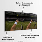 Nowoczesny obraz na płótnie przedstawiający serwis tenisisty na korcie. Wydruk galeryjny w wersji limitowanej z motywacyjnymi napisami Pressure i Focus.