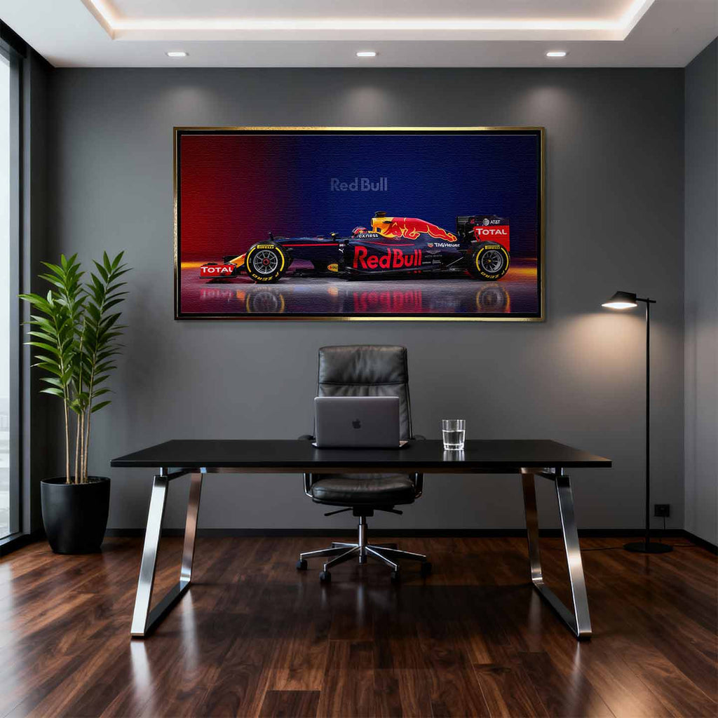 Obraz na płótnie F1 Red bull – bolid Formuły 1 Red Bull Racing w barwach granatowo-czerwonych, symbol prędkości i wyścigowej pasji.