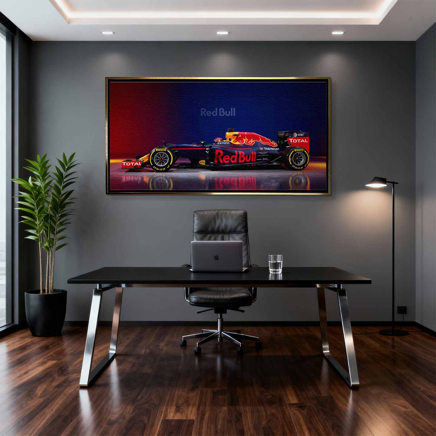 Obraz na płótnie F1 Red bull – bolid Formuły 1 Red Bull Racing w barwach granatowo-czerwonych, symbol prędkości i wyścigowej pasji.