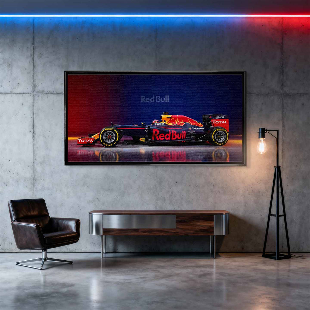 Obraz na płótnie F1 Red bull – bolid Formuły 1 Red Bull Racing w barwach granatowo-czerwonych, symbol prędkości i wyścigowej pasji.
