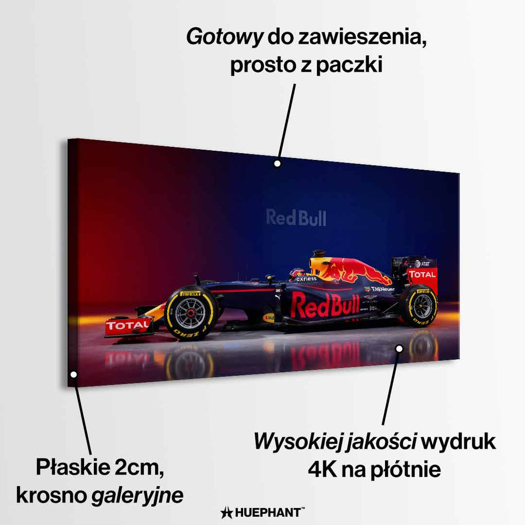 Obraz na płótnie F1 Red bull – bolid Formuły 1 Red Bull Racing w barwach granatowo-czerwonych, symbol prędkości i wyścigowej pasji.