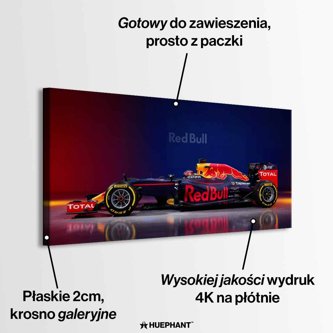 Obraz na płótnie F1 Red bull – bolid Formuły 1 Red Bull Racing w barwach granatowo-czerwonych, symbol prędkości i wyścigowej pasji.