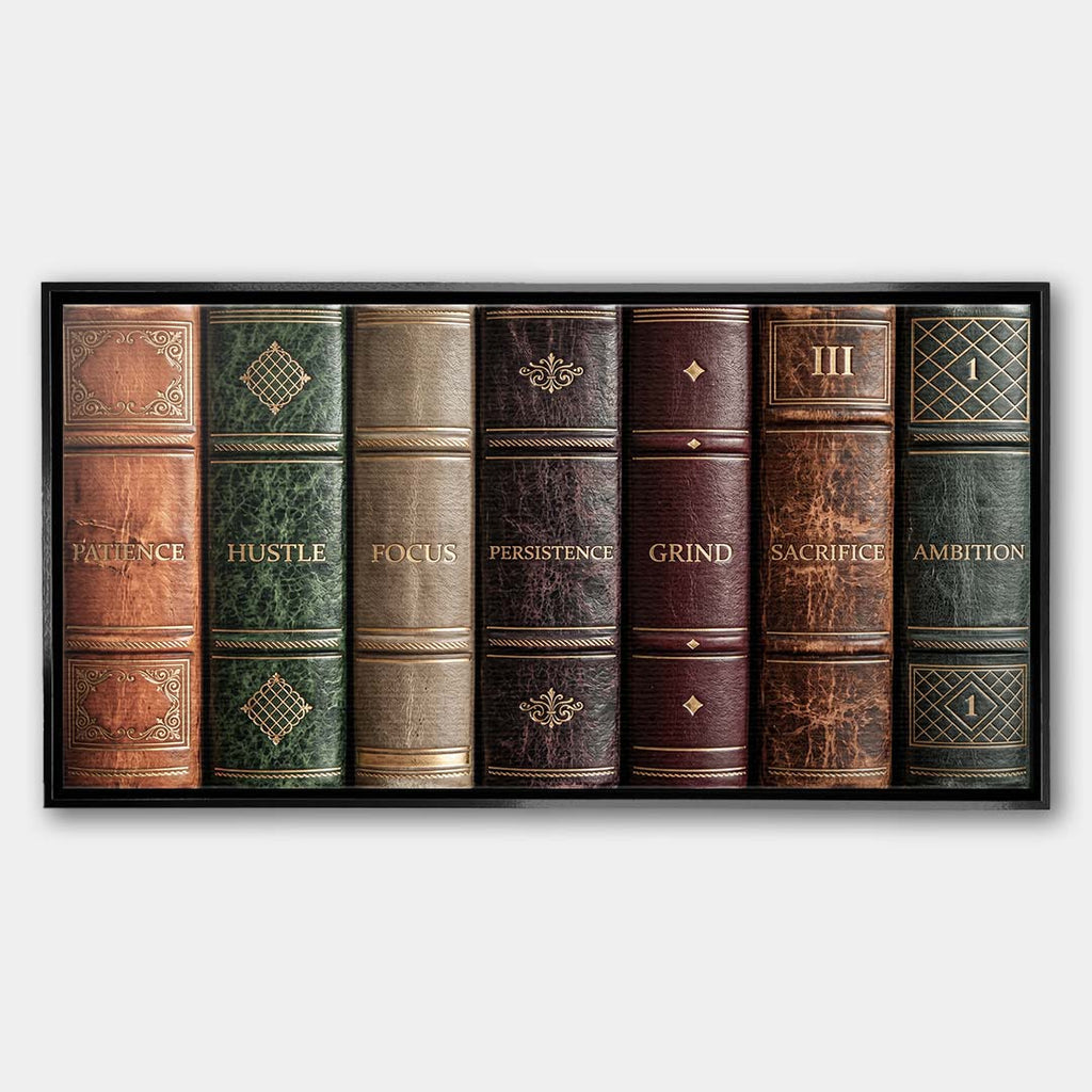 Motywacyjny obraz na płótnie Books Of Life przedstawiający grzbiety retro książek z hasłami sukcesu, elegancki wydruk galeryjny do biura.