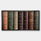 Motywacyjny obraz na płótnie Books Of Life przedstawiający grzbiety retro książek z hasłami sukcesu, elegancki wydruk galeryjny do biura.