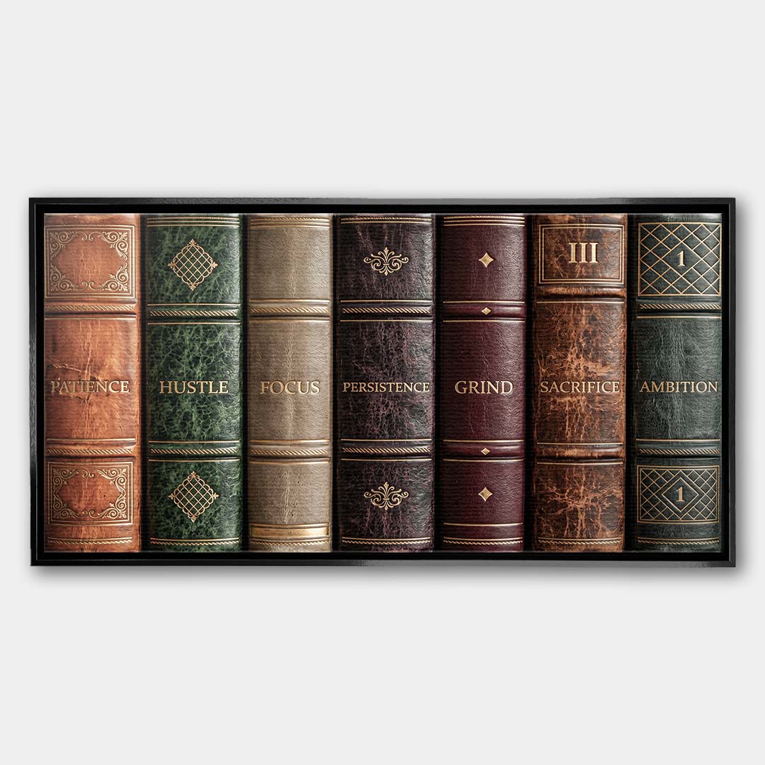 Motywacyjny obraz na płótnie Books Of Life przedstawiający grzbiety retro książek z hasłami sukcesu, elegancki wydruk galeryjny do biura.