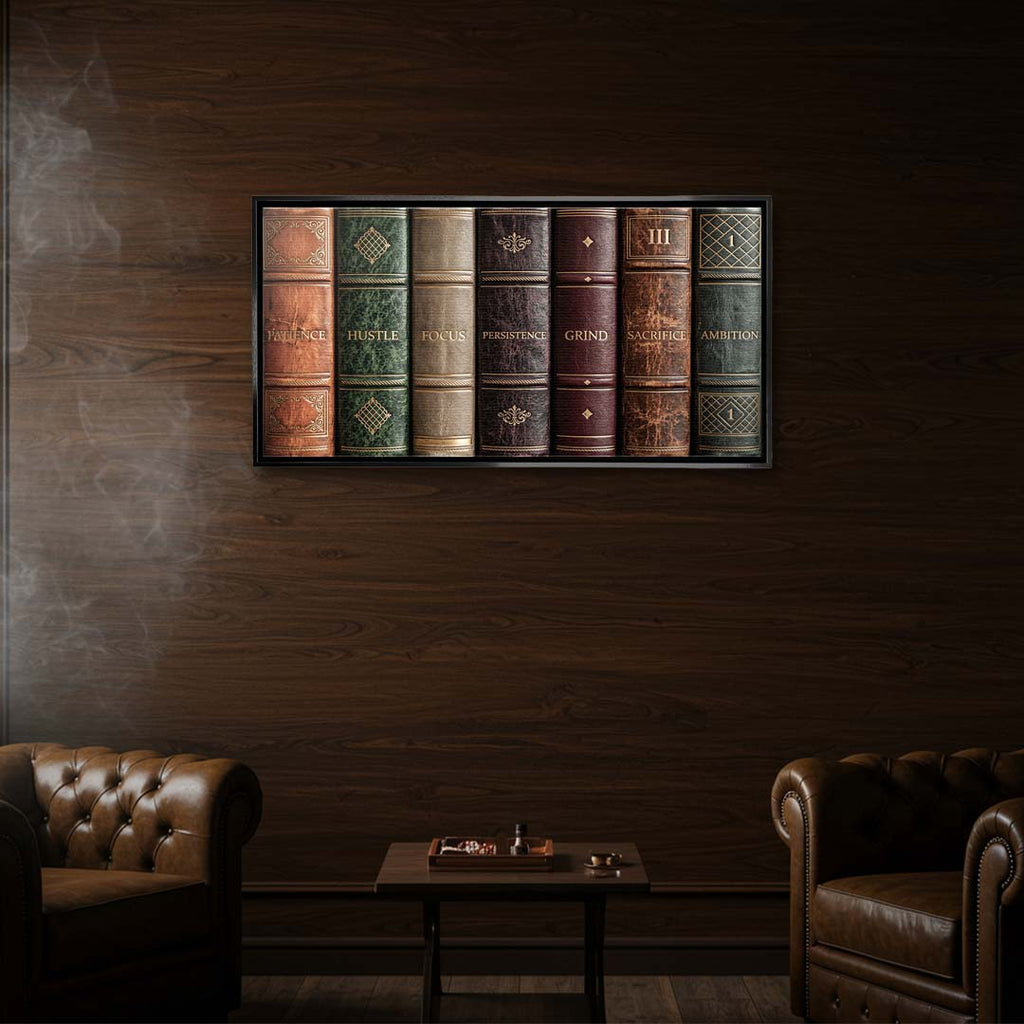Motywacyjny obraz na płótnie Books Of Life przedstawiający grzbiety retro książek z hasłami sukcesu, elegancki wydruk galeryjny do biura.