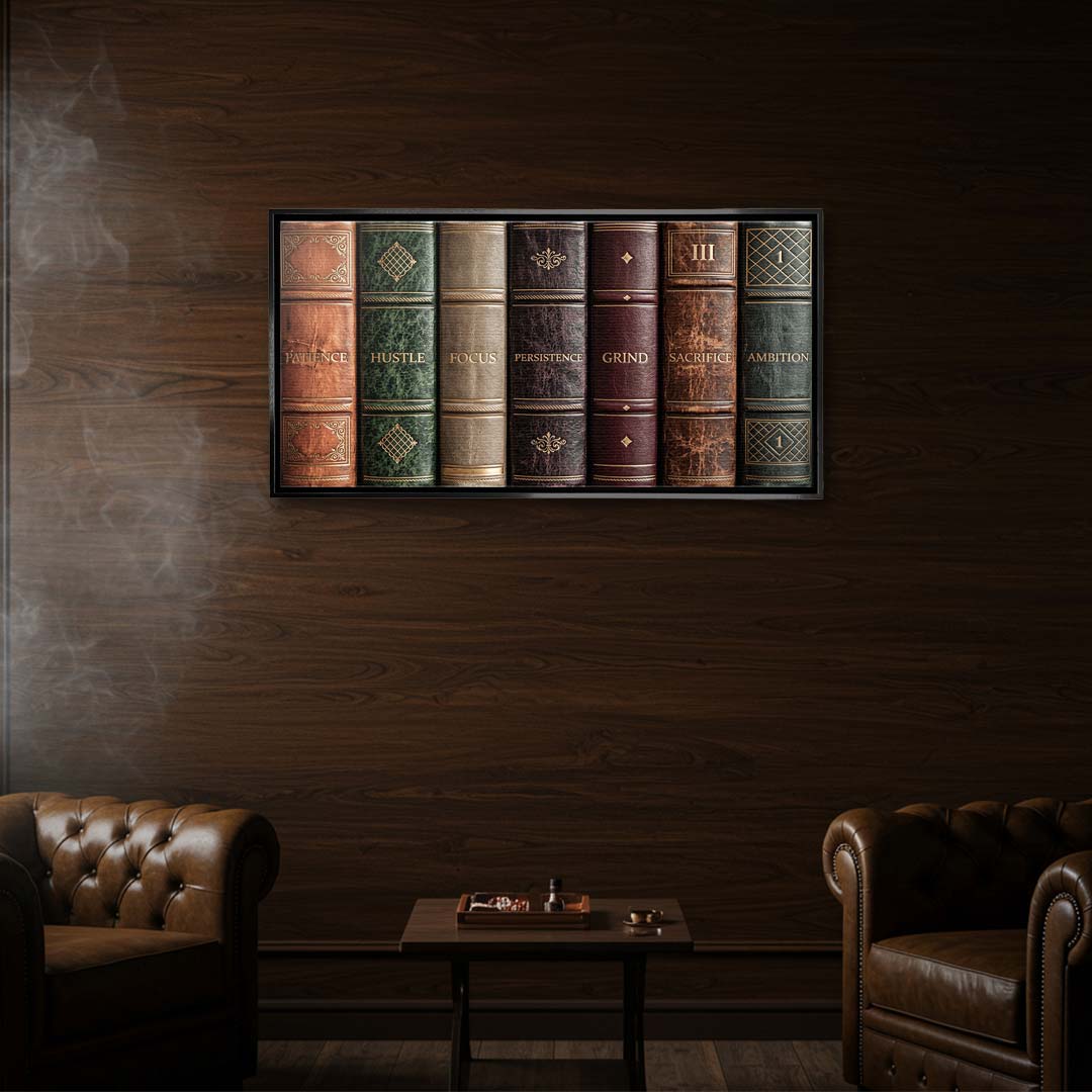 Motywacyjny obraz na płótnie Books Of Life przedstawiający grzbiety retro książek z hasłami sukcesu, elegancki wydruk galeryjny do biura.
