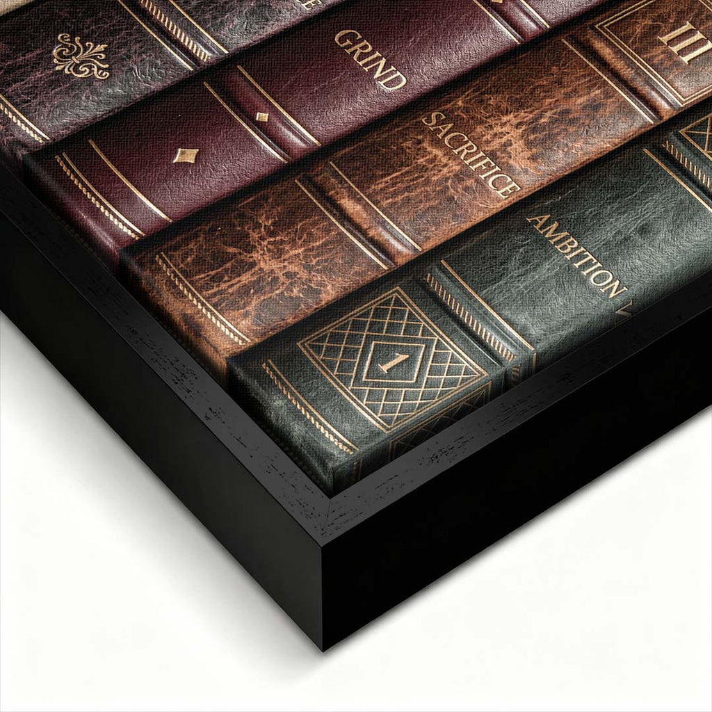 Motywacyjny obraz na płótnie Books Of Life przedstawiający grzbiety retro książek z hasłami sukcesu, elegancki wydruk galeryjny do biura.