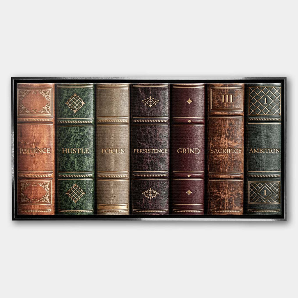 Motywacyjny obraz na płótnie Books Of Life przedstawiający grzbiety retro książek z hasłami sukcesu, elegancki wydruk galeryjny do biura.