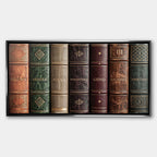 Motywacyjny obraz na płótnie Books Of Life przedstawiający grzbiety retro książek z hasłami sukcesu, elegancki wydruk galeryjny do biura.