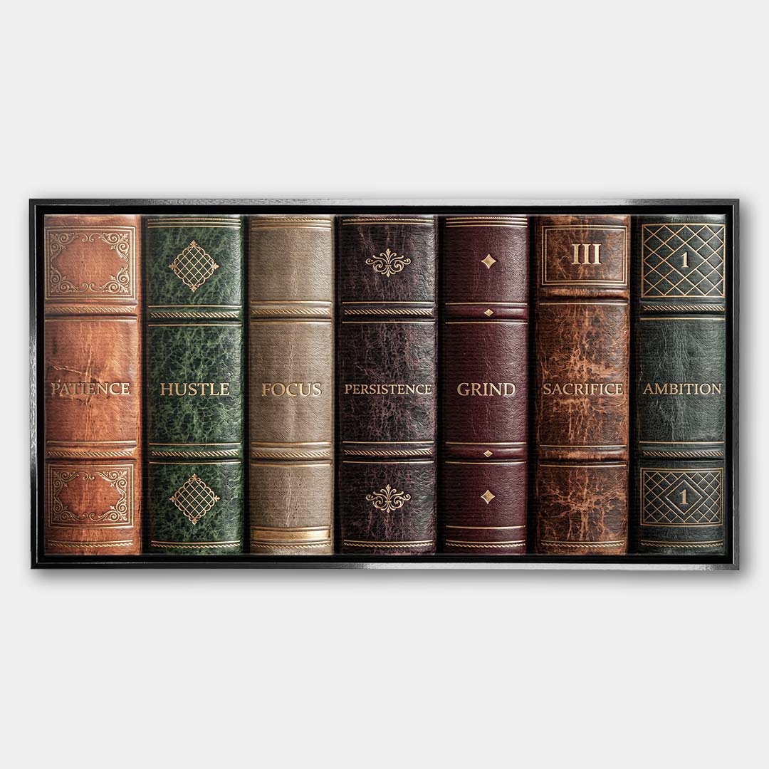 Motywacyjny obraz na płótnie Books Of Life przedstawiający grzbiety retro książek z hasłami sukcesu, elegancki wydruk galeryjny do biura.