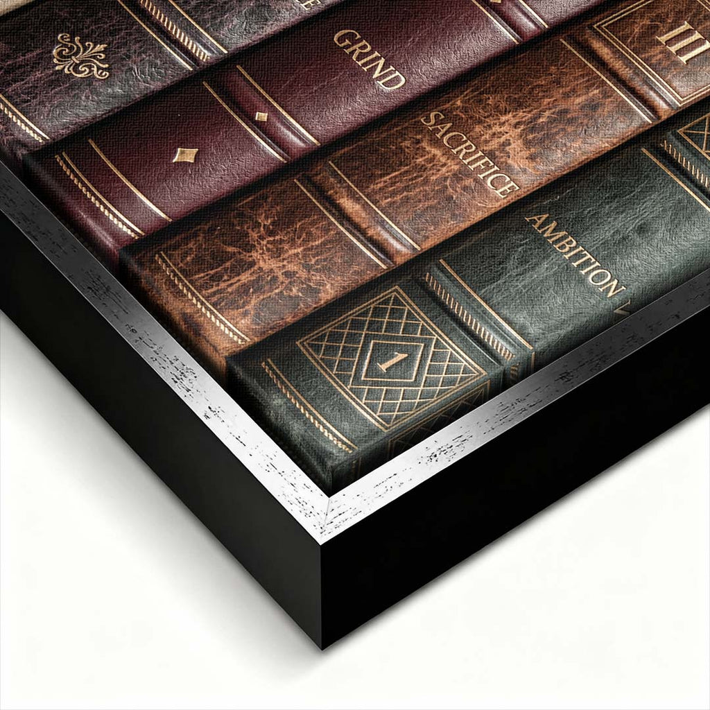 Motywacyjny obraz na płótnie Books Of Life przedstawiający grzbiety retro książek z hasłami sukcesu, elegancki wydruk galeryjny do biura.