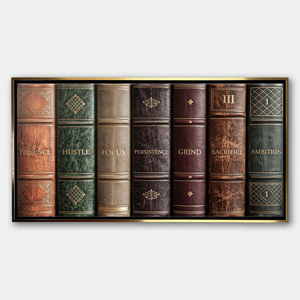Motywacyjny obraz na płótnie Books Of Life przedstawiający grzbiety retro książek z hasłami sukcesu, elegancki wydruk galeryjny do biura.