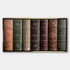 Motywacyjny obraz na płótnie Books Of Life przedstawiający grzbiety retro książek z hasłami sukcesu, elegancki wydruk galeryjny do biura.