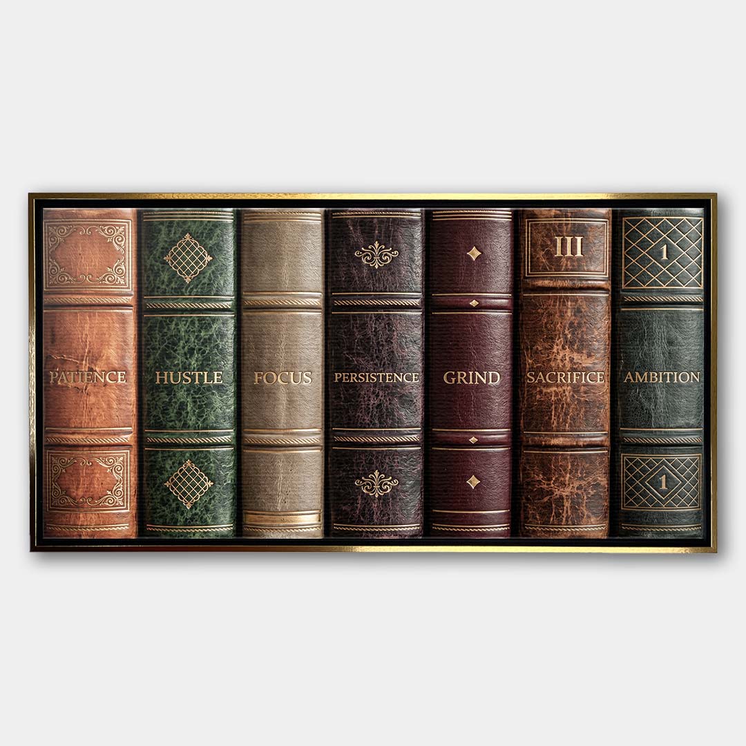 Motywacyjny obraz na płótnie Books Of Life przedstawiający grzbiety retro książek z hasłami sukcesu, elegancki wydruk galeryjny do biura.
