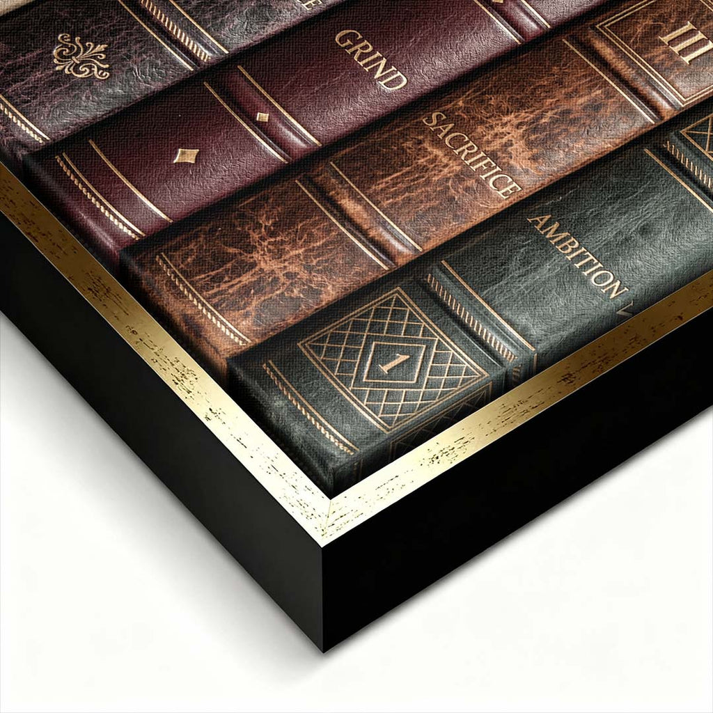 Motywacyjny obraz na płótnie Books Of Life przedstawiający grzbiety retro książek z hasłami sukcesu, elegancki wydruk galeryjny do biura.